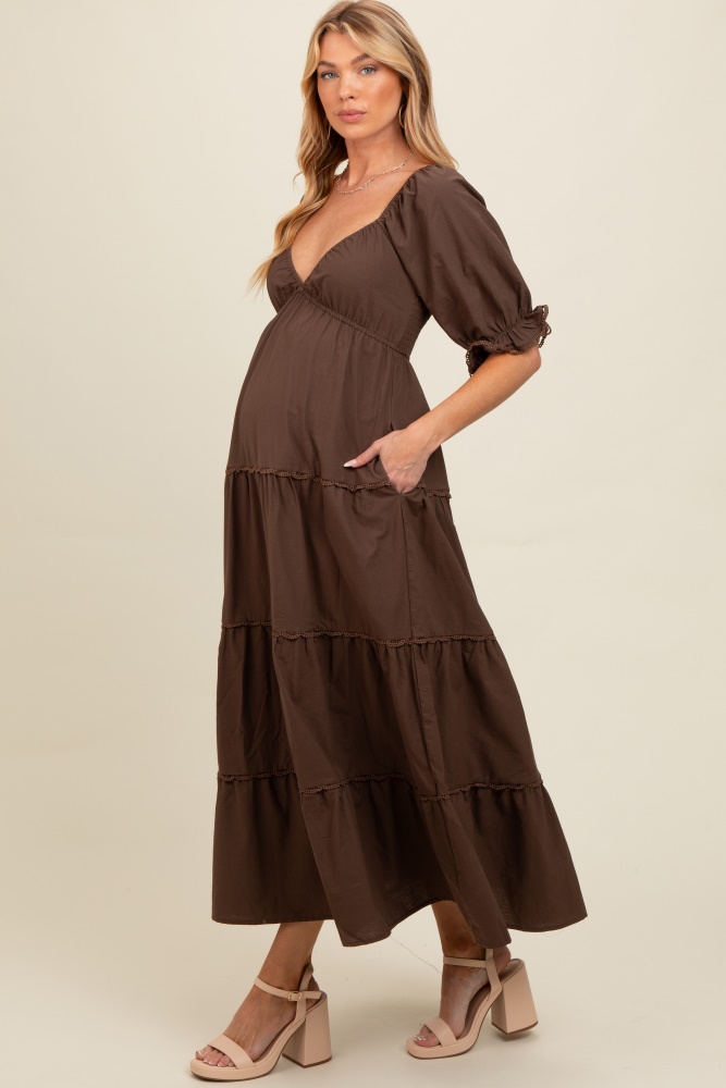 brown deep v-neck tiered maternity maxi dress