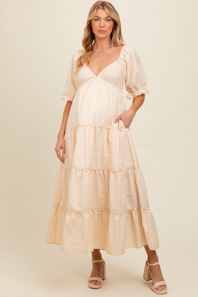 cream deep v-neck tiered maternity maxi dress