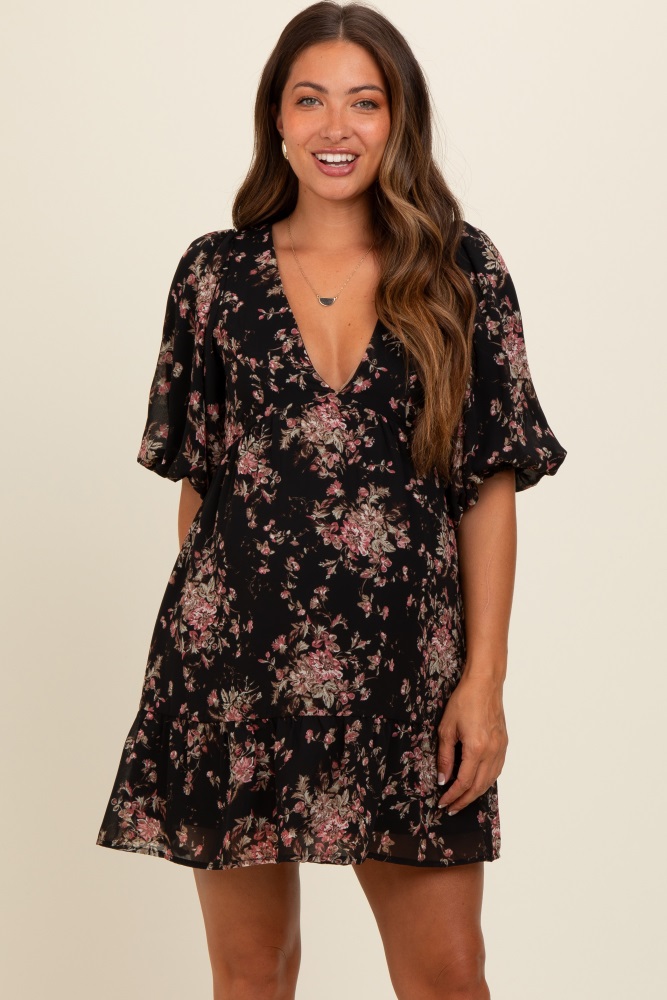 black deep v-neck tie back floral maternity mini dress