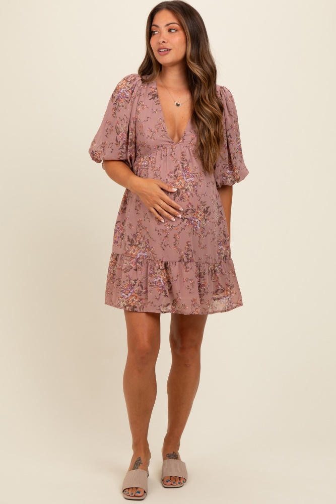 mauve deep v-neck tie back floral maternity mini dress