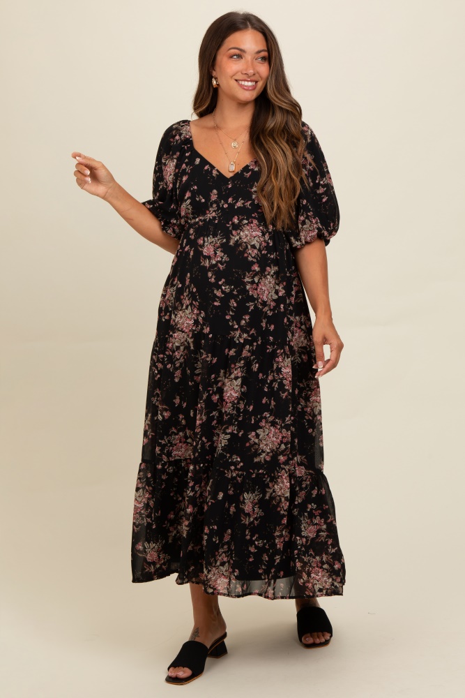 black floral tiered puff sleeve maternity maxi dress