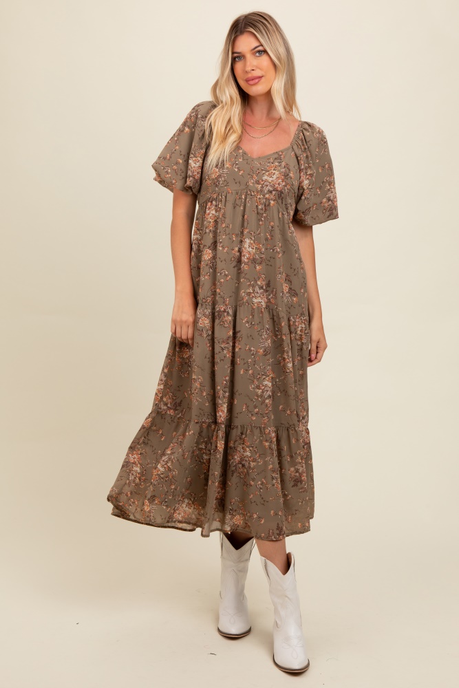 olive floral tiered puff sleeve maxi dress