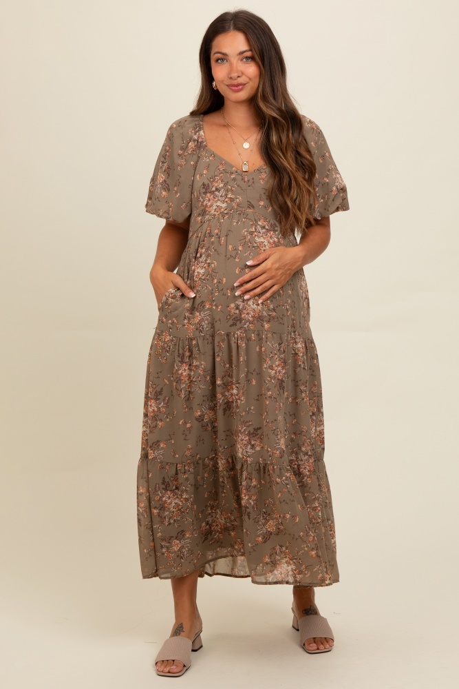 olive floral tiered puff sleeve maternity maxi dress