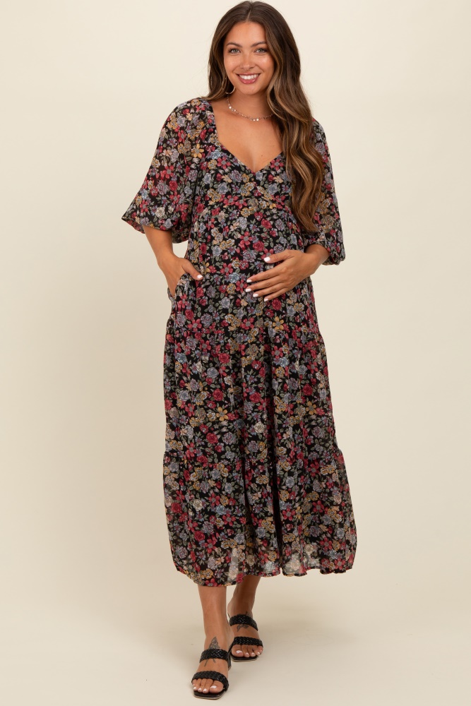 black floral empire waist maternity maxi dress