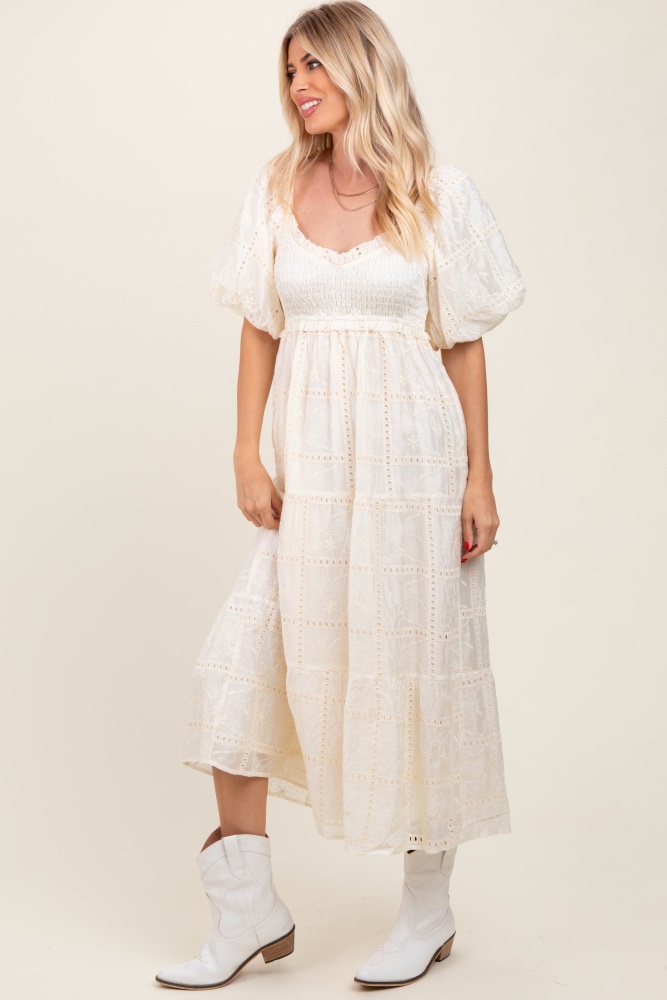 ivory smocked puff sleeve maxi dress