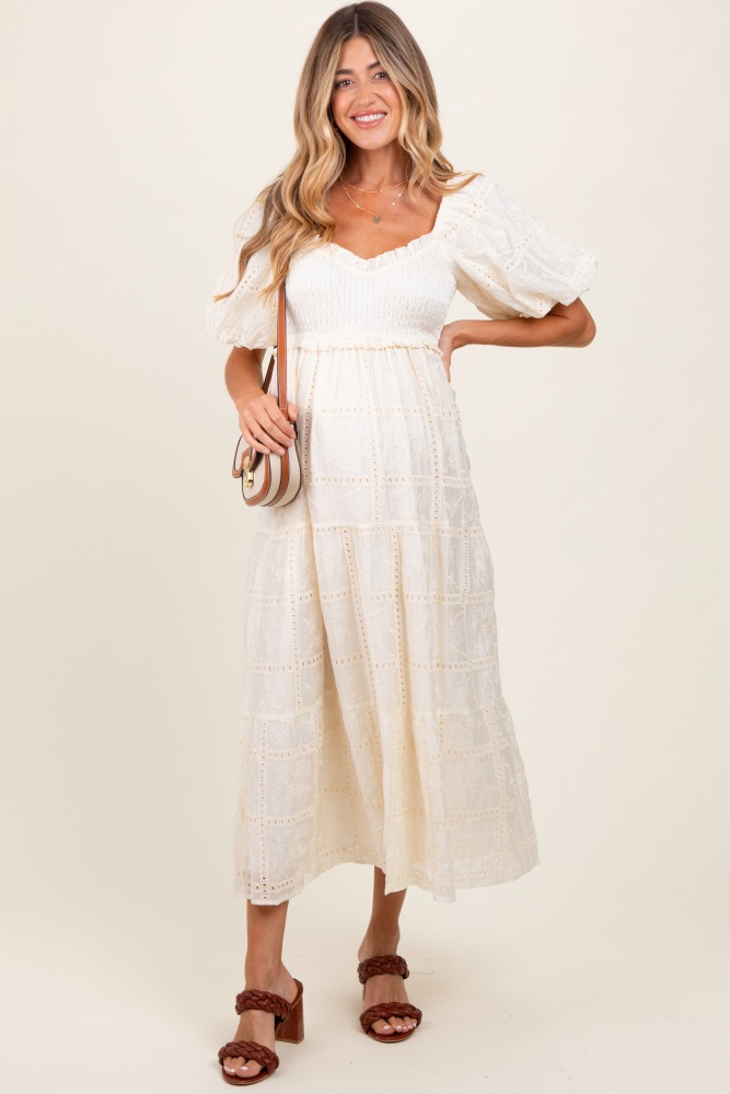 ivory smocked puff sleeve maternity maxi dress