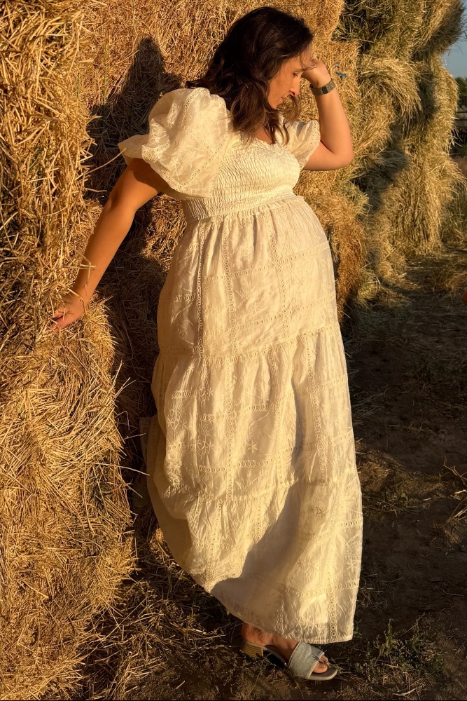 Ivory Smocked Puff Sleeve Maternity Maxi Dress  PinkBlush