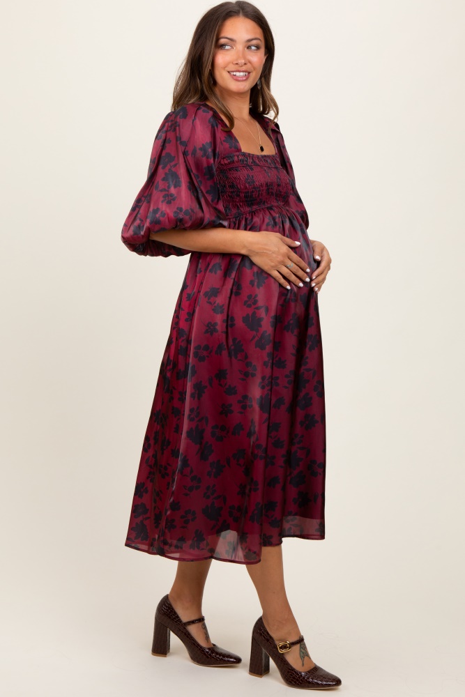 burgundy satin floral smocked maternity midi dress