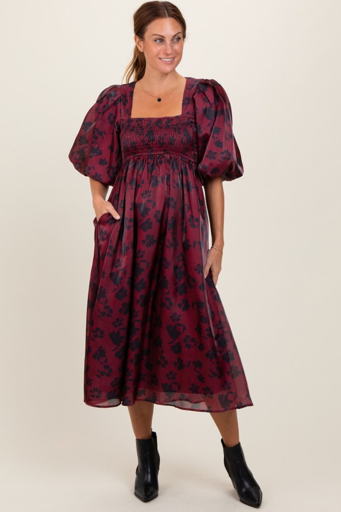 burgundy satin floral smocked midi dress