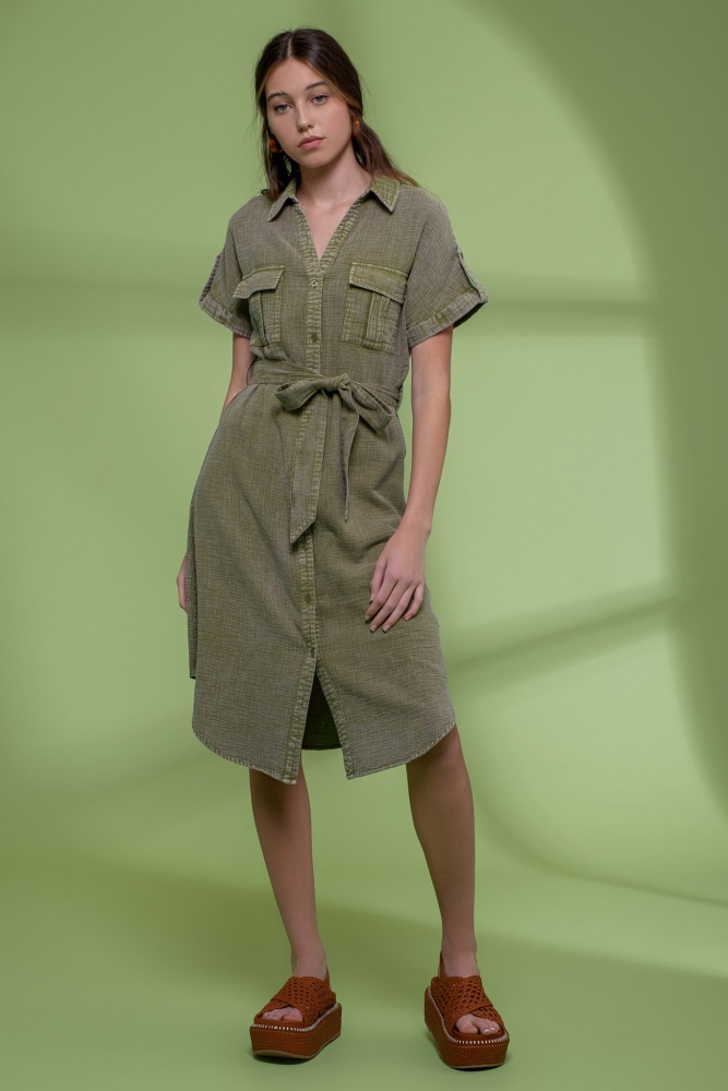 dark olive washed button down belted midi dress