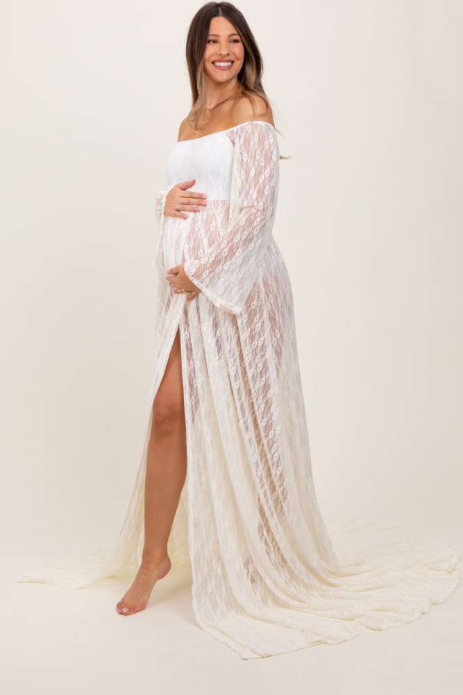 ivory lace off shoulder maternity photoshoot gown/dress