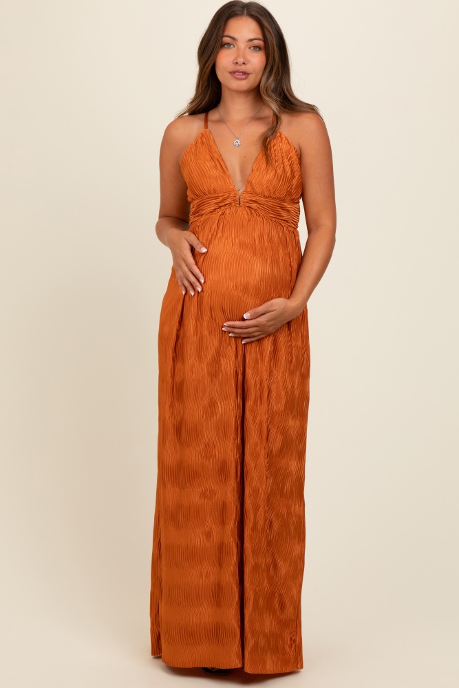 camel deep v-neck textured satin maternity maxi dress