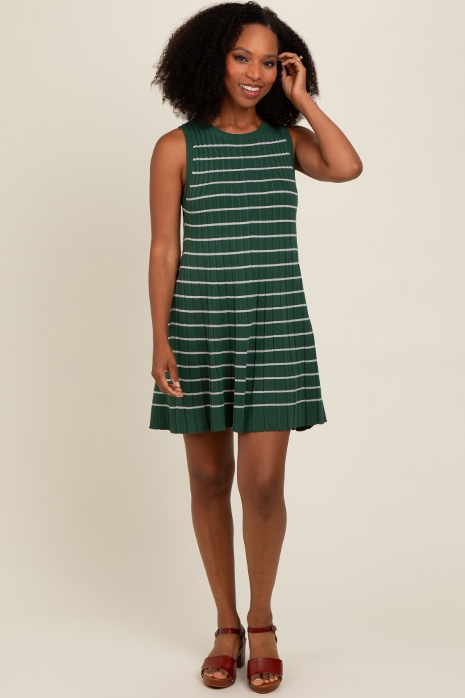 forest green striped knit pleated a-line mini dress