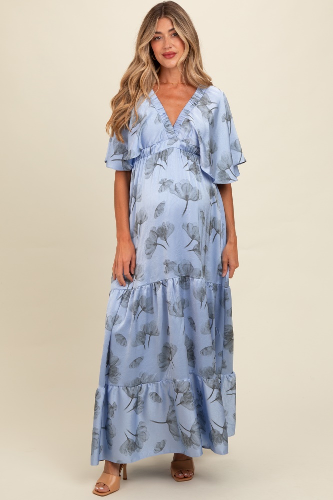 light blue floral deep v-neck maternity maxi dress