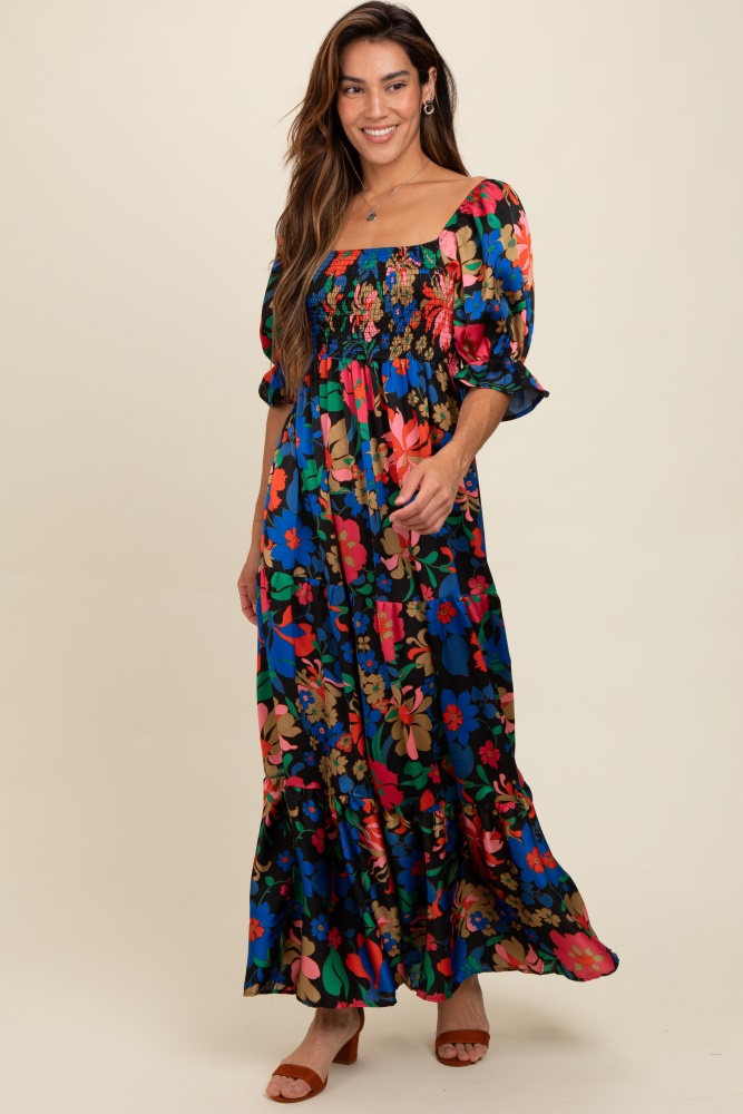 black floral satin smocked tiered maxi dress