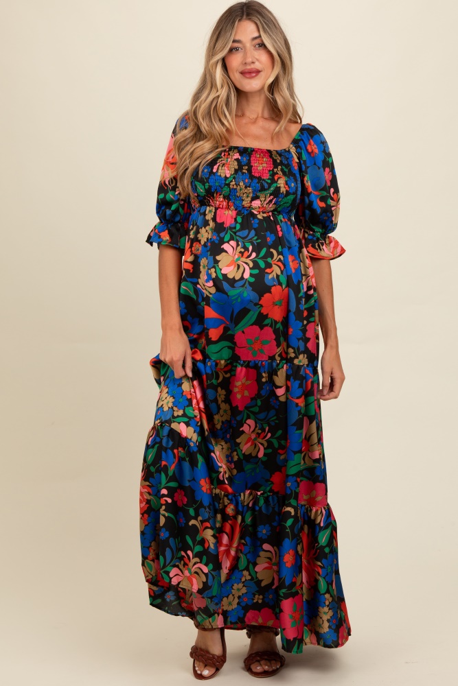 black floral satin smocked tiered maternity maxi dress