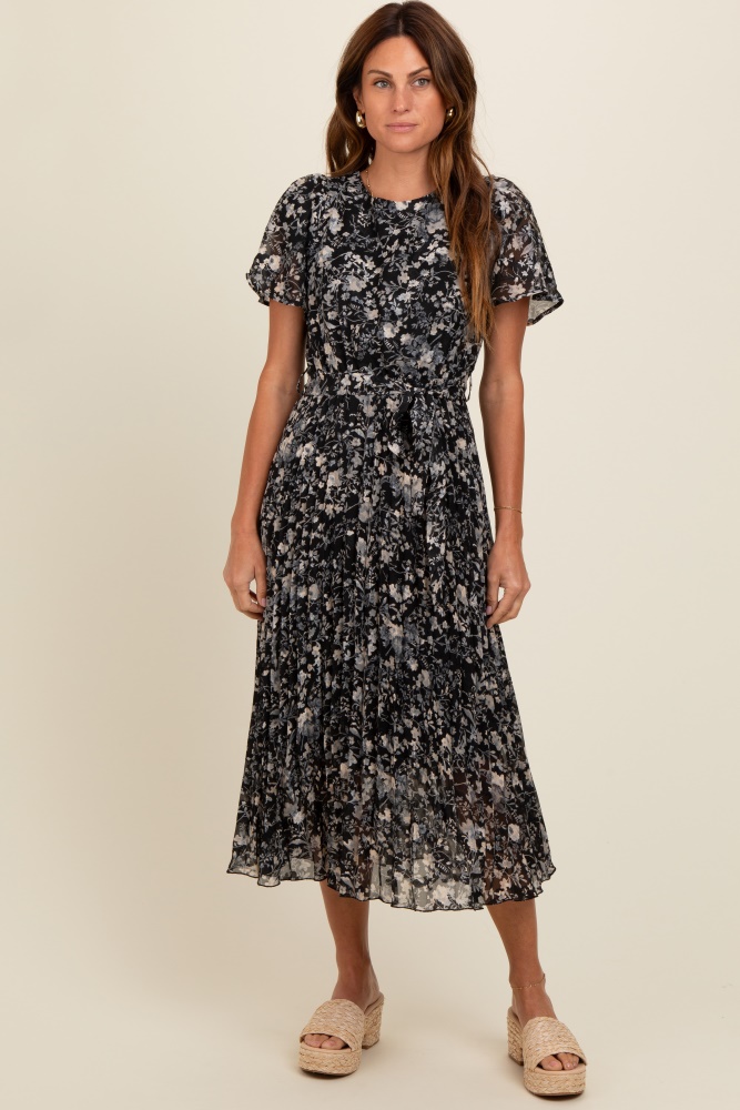 black floral pleated midi dress