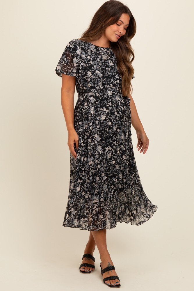 black floral pleated maternity midi dress