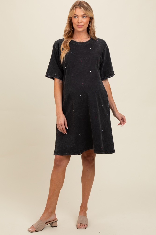 black rhinestone mineral washed maternity t-shirt dress