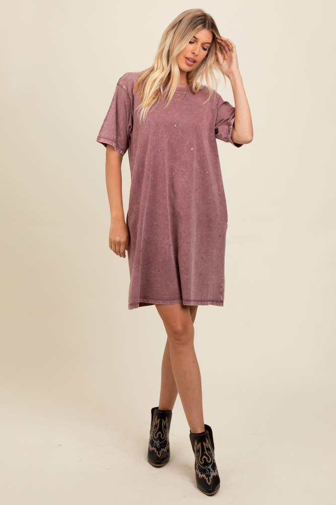 mauve rhinestone mineral washed t-shirt dress