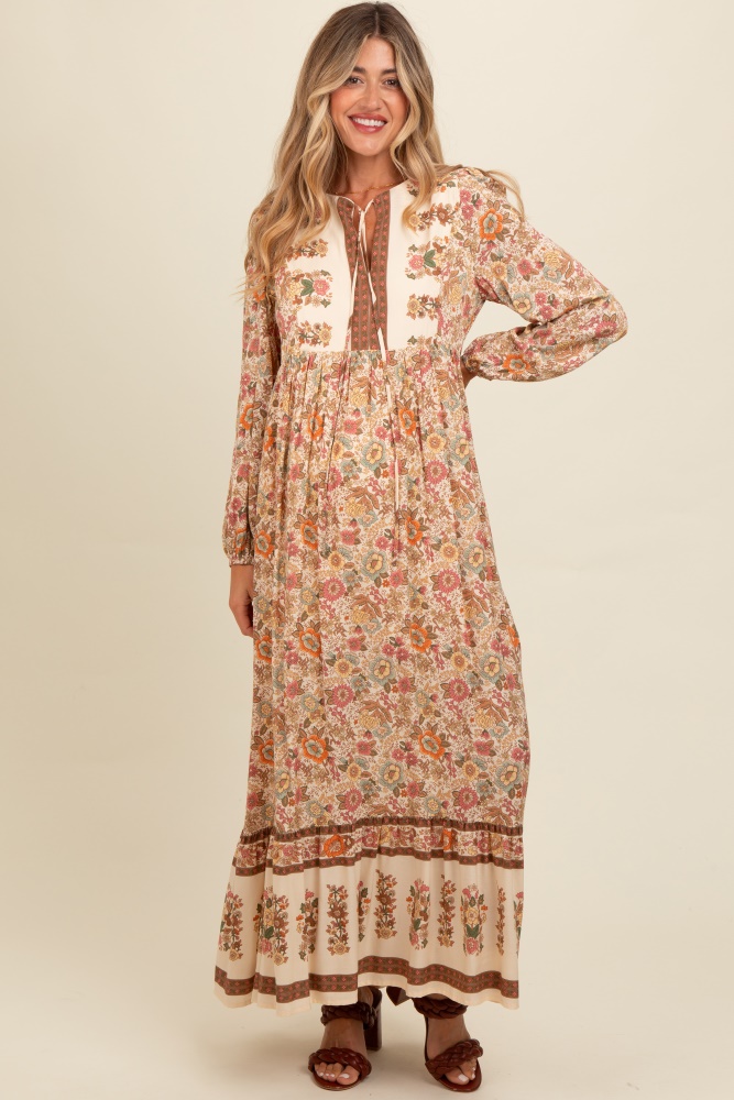 cream floral border print maternity maxi dress