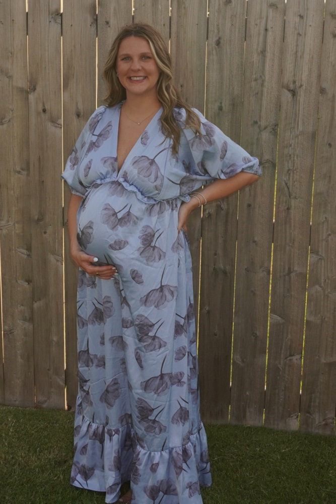 Blue Floral Chiffon Ruffle Accent Maternity Maxi Dress PinkBlush Blue Floral Chiffon Ruffle Accent Maternity Maxi Dress PinkBlush