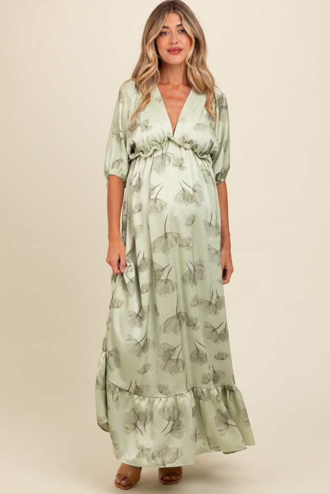 light olive floral chiffon ruffle accent maternity maxi dress