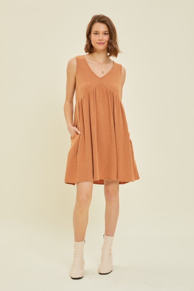 rust mineral-washed gauze v-neck flare mini