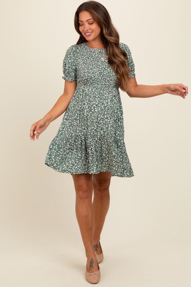 light olive floral puff sleeve smocked maternity dress