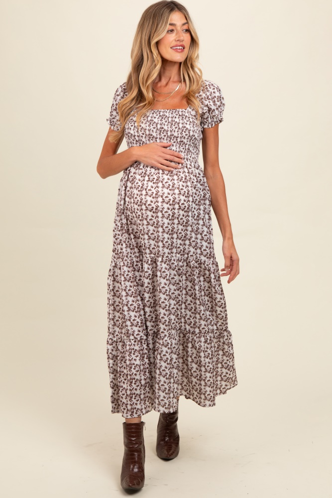 brown floral puff sleeve smocked maternity maxi dress