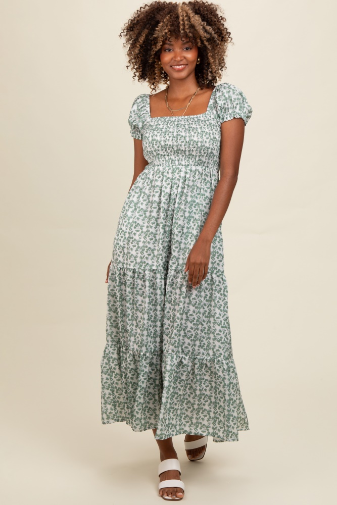 olive floral puff sleeve smocked maxi dress