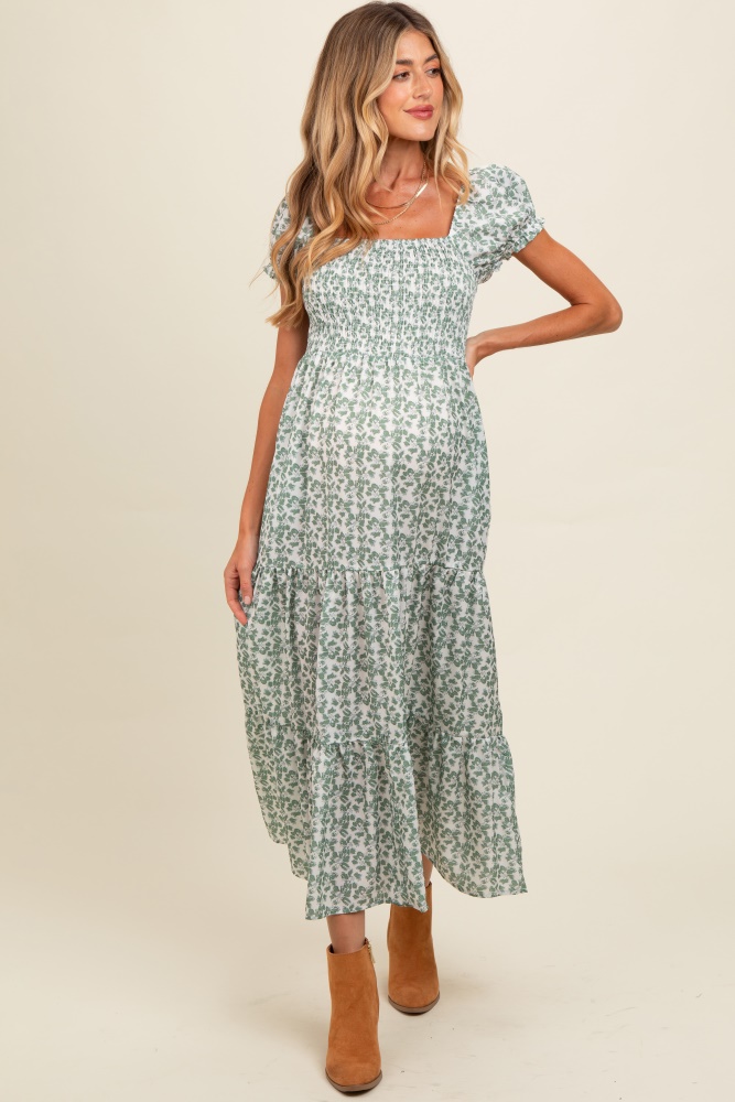 olive floral puff sleeve smocked maternity maxi dress