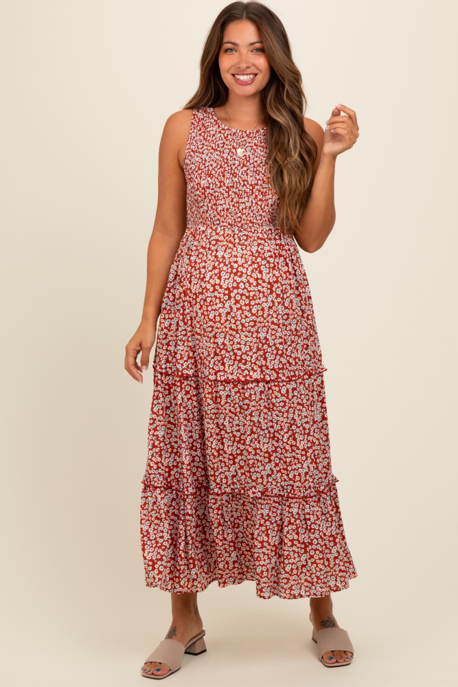 rust floral sleeveless ruffle tiered maternity maxi dress