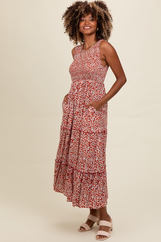 rust floral sleeveless ruffle tiered maxi dress