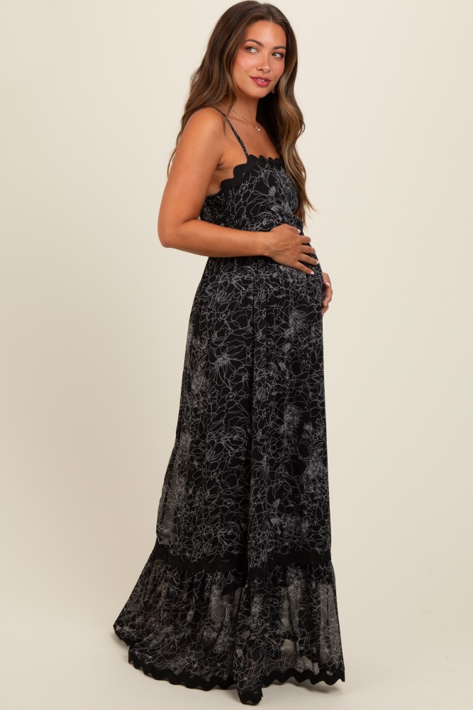 black floral contrast trim maternity maxi dress