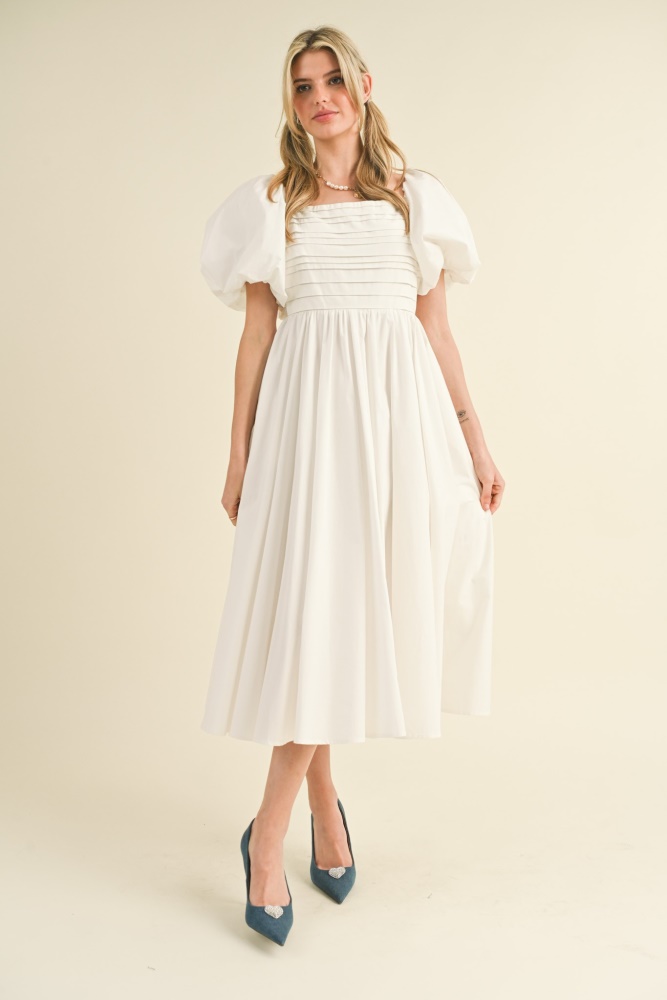 off white balloon sleeve pleated midi dress