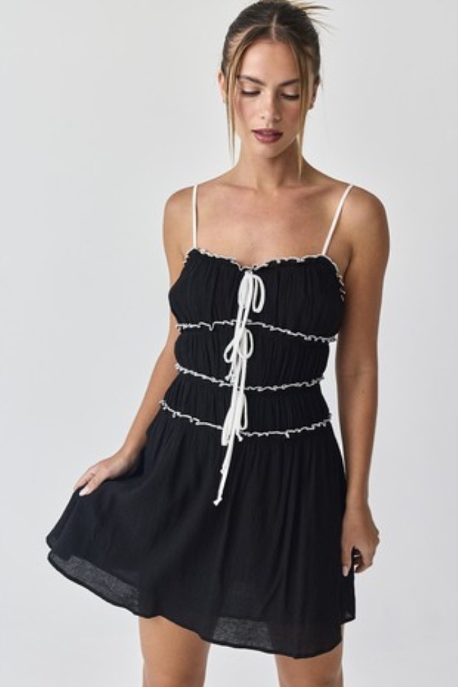 black contrast tie-front ruffled mini dress