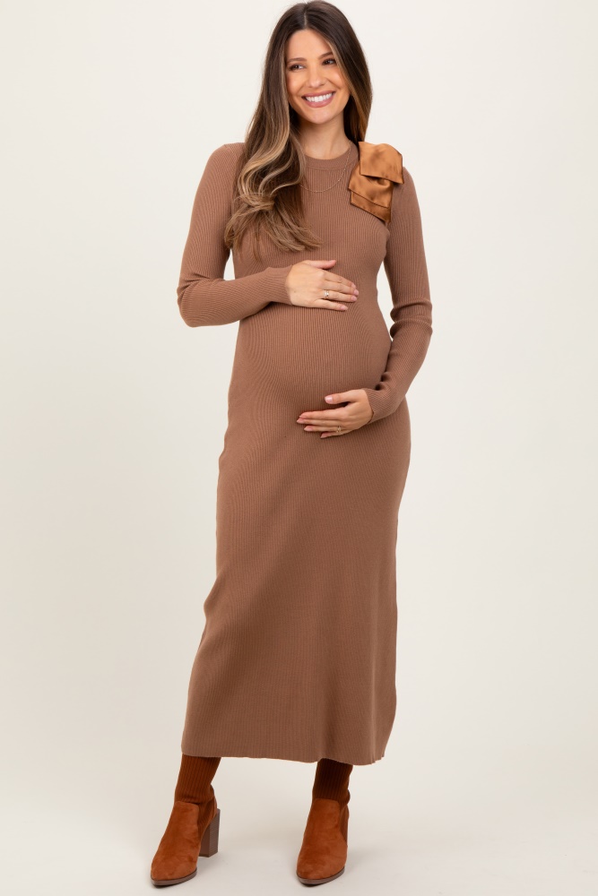 mocha shoulder bow detail maternity midi knit dress