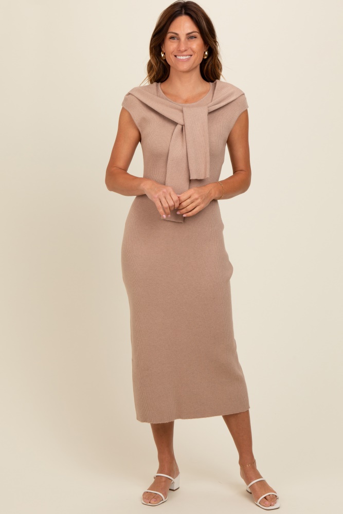 beige knit sleeve tie detail midi dress