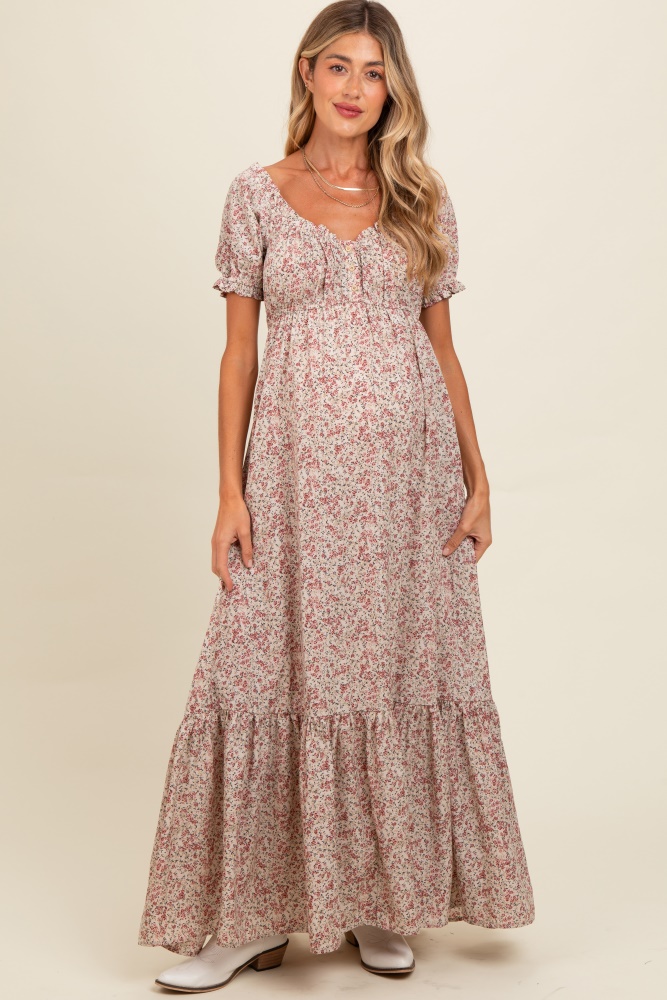 cream floral button accent maternity maxi dress