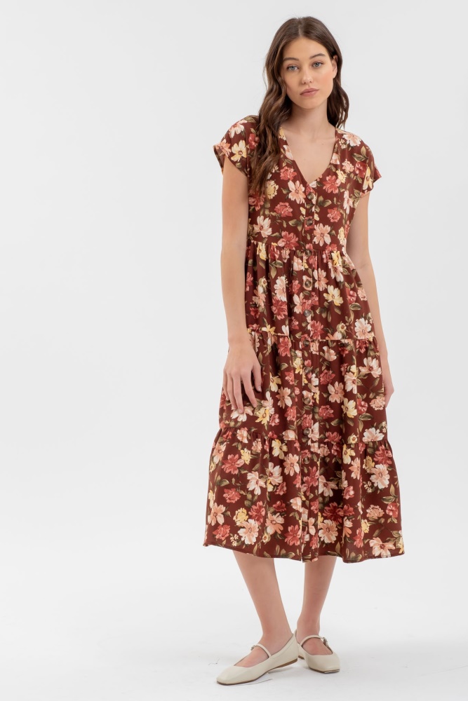 burgundy multi button down tiered floral v neck midi dress