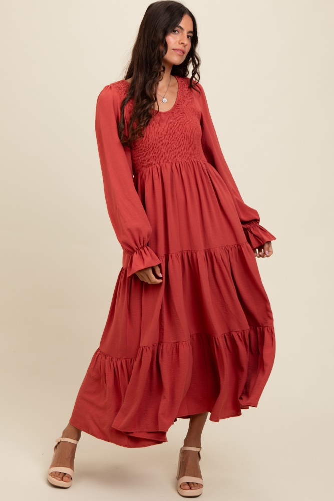 rust smocked tiered long sleeve maxi dress