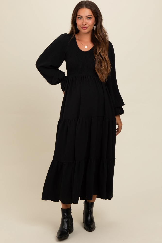 black smocked tiered long sleeve maternity maxi dress