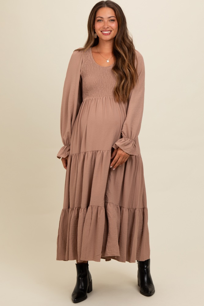 mocha smocked tiered long sleeve maternity maxi dress