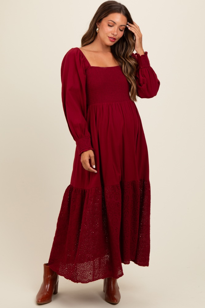 burgundy smocked eyelet lace hem maternity maxi dress