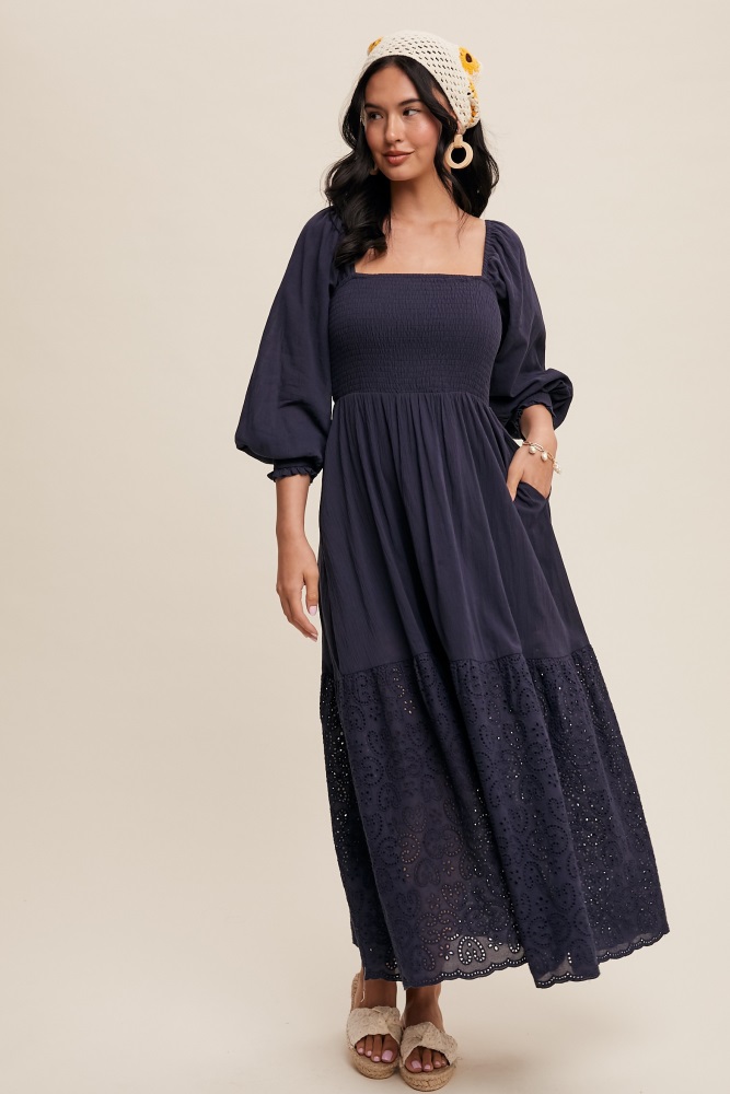 navy blue smocked eyelet lace hem maxi dress