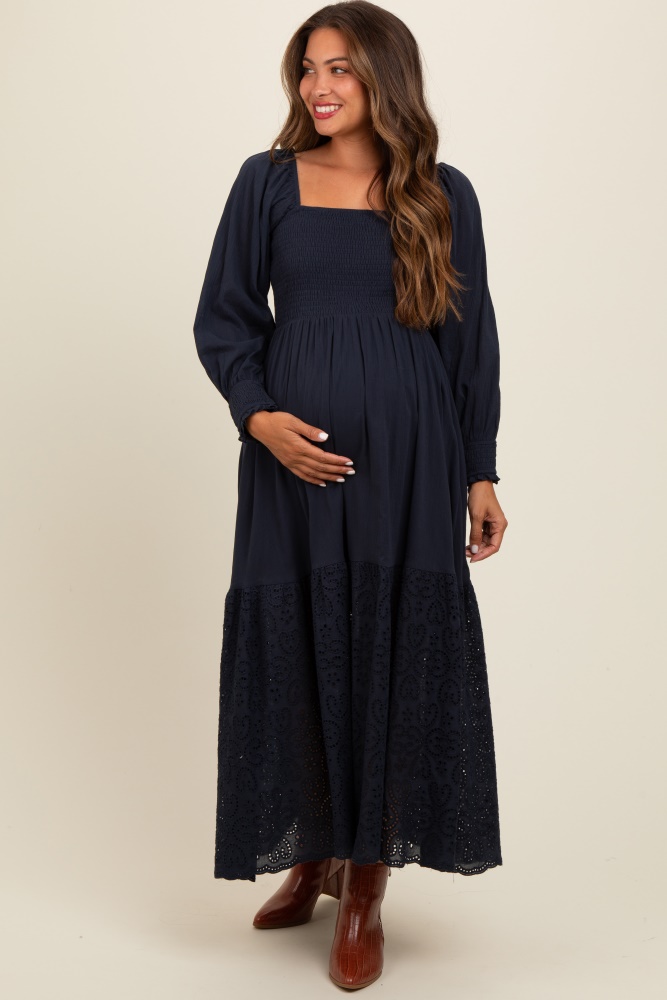 navy blue smocked eyelet lace hem maternity maxi dress