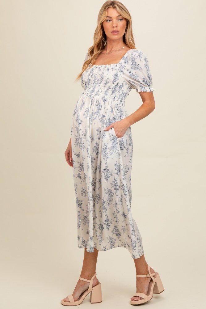 ivory floral smocked sweetheart neckline maternity midi dress