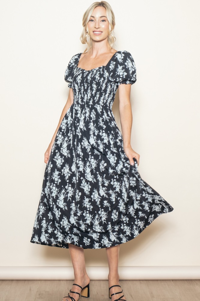 black floral smocked sweetheart neckline midi dress