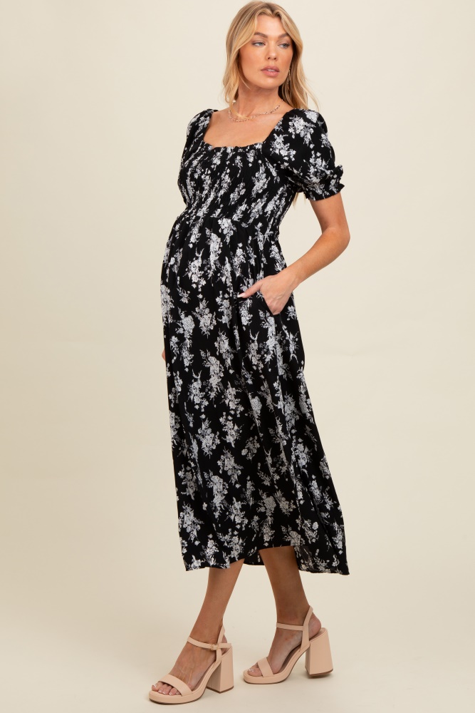 black floral smocked sweetheart neckline maternity midi dress